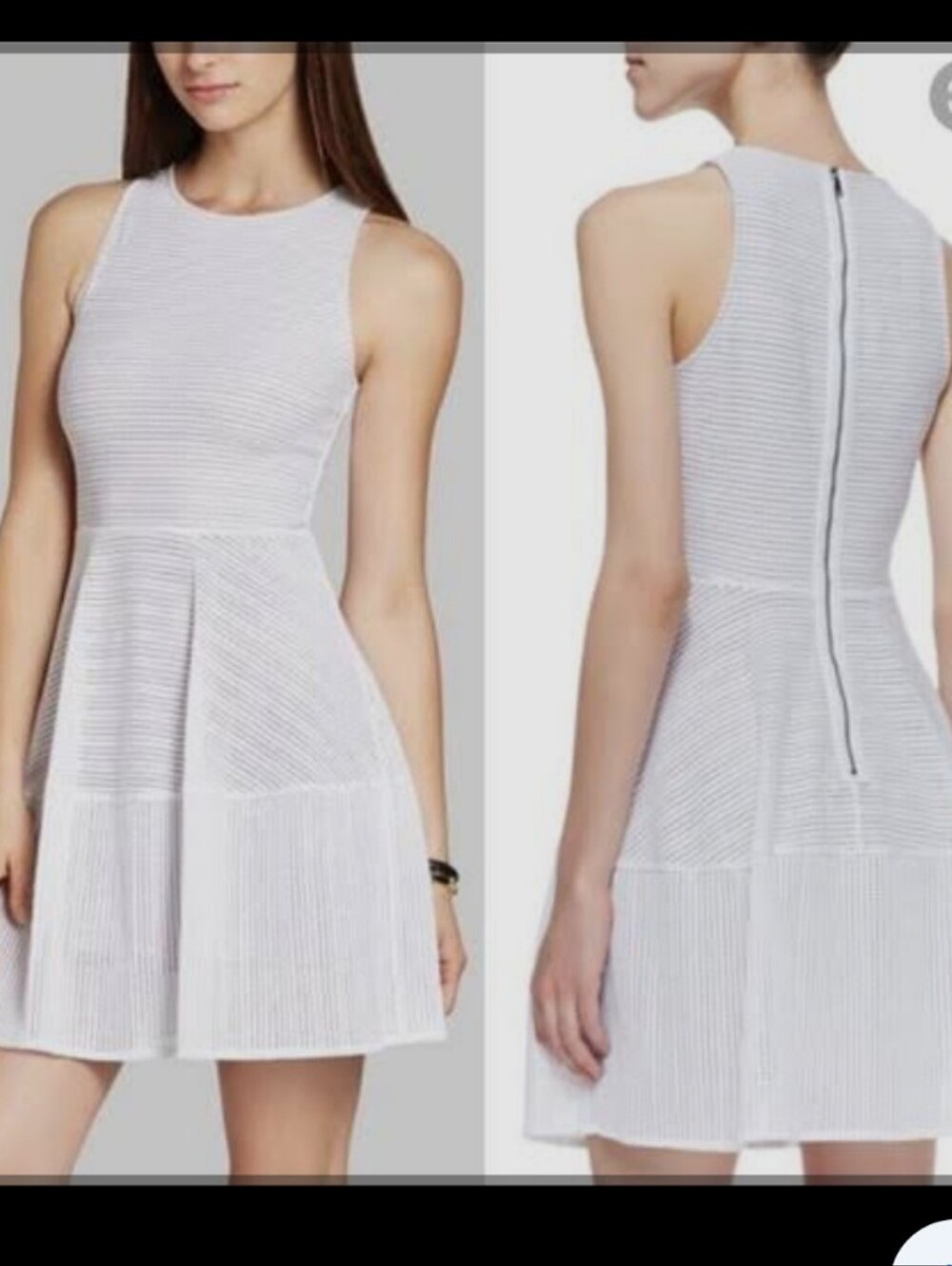 BCBGMaxAzria White Textured Sleeveless Fit-and-Flare Mini Dress